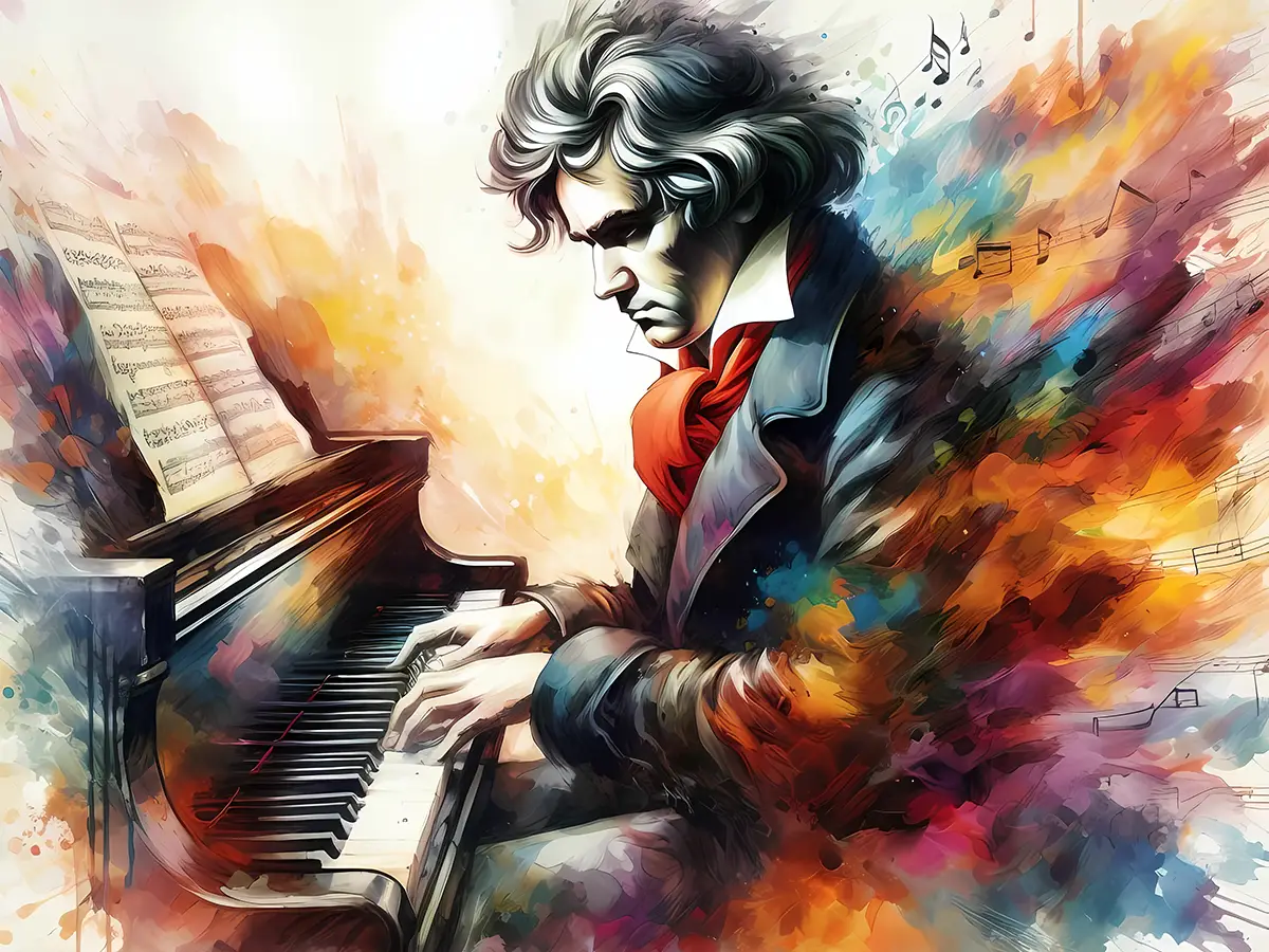 KI-generiertes Bild von Beethoven am Klavier, in seinem Rücken fliegen Noten