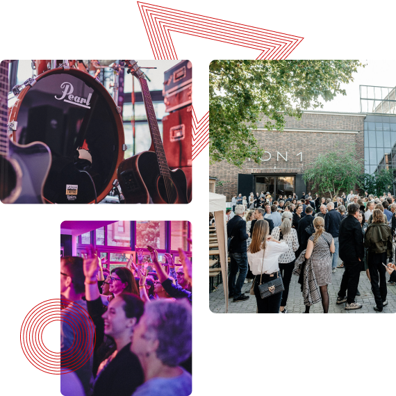 Drei Bilder, die die MGV der GEMA beschreiben. Ein Networking Veranstaltung, ein Livekonzert und Instrumente.