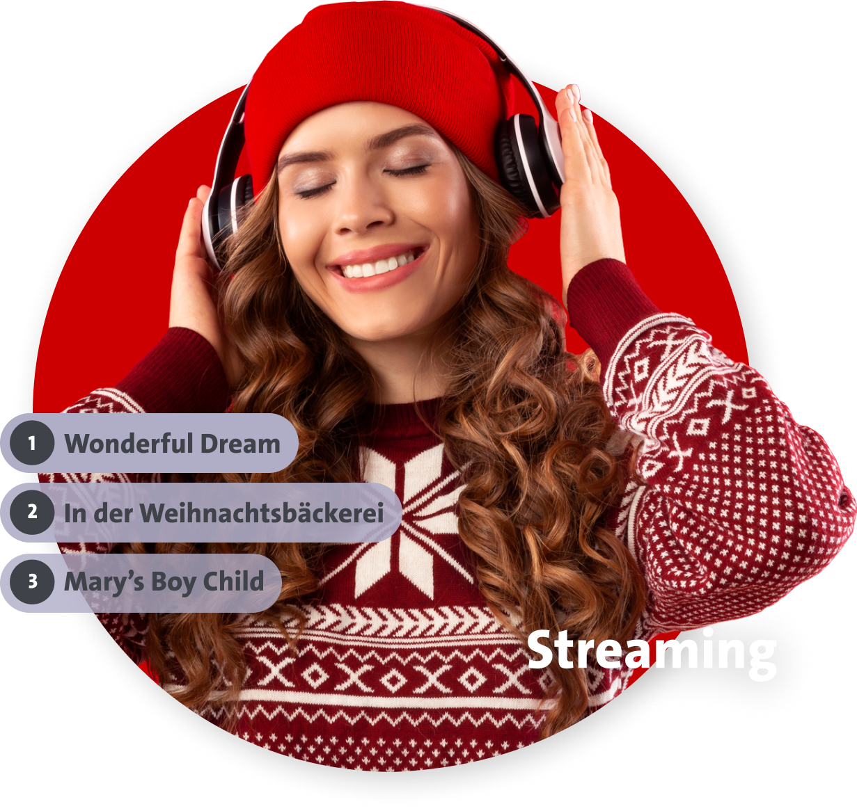 Eine Frau in rotem Pullover und Mütze hört Musik mit Kopfhörern, lächelnd. Text: 