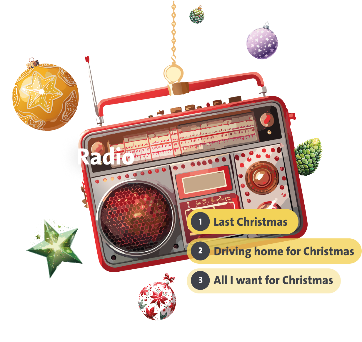 Ein Retro-Radio umgeben von Weihnachtskugeln und Tannenzapfen, spielt Weihnachtslieder.