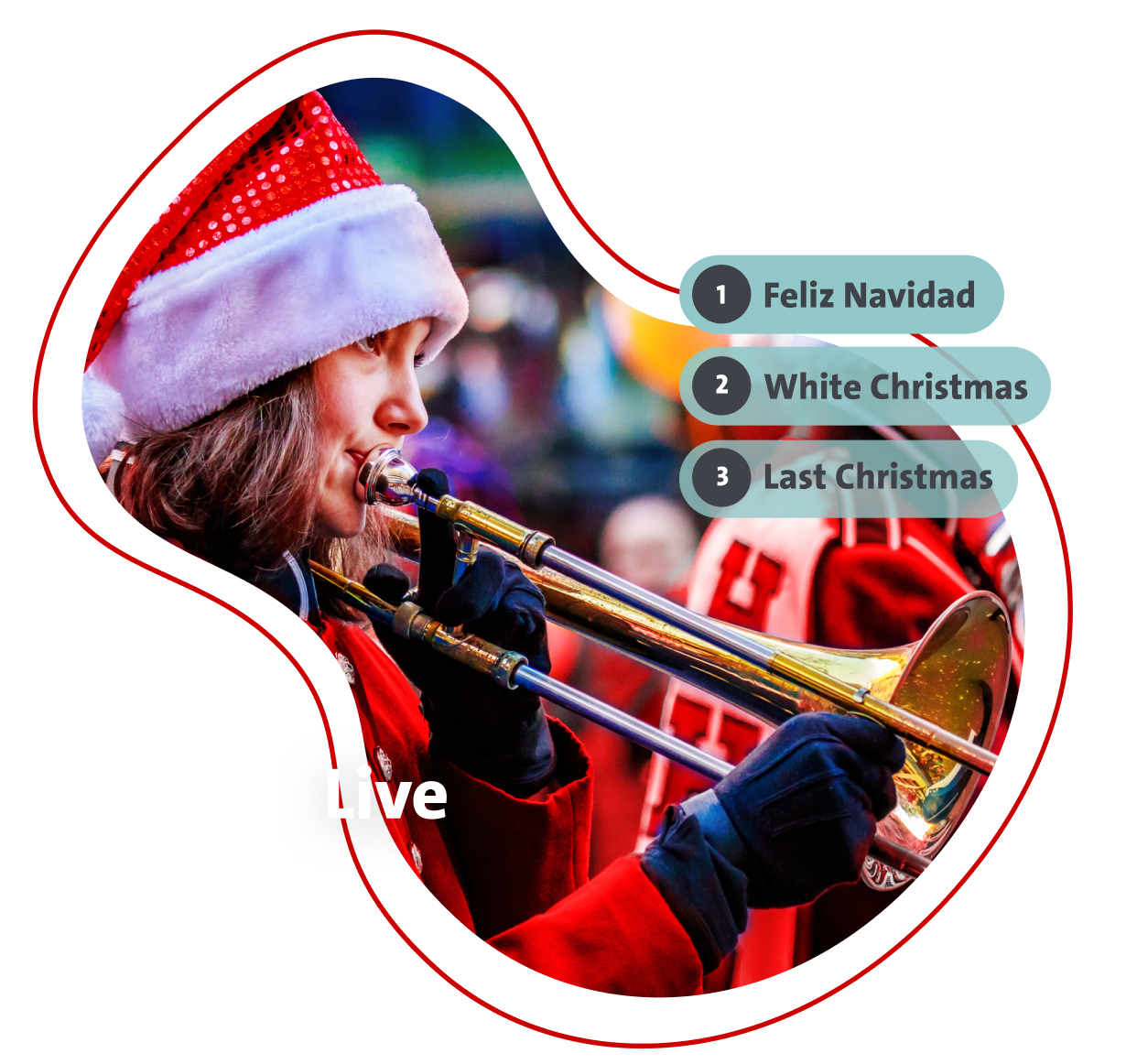 Person in roter Uniform und Weihnachtsmütze spielt Trompete, daneben Songliste: 