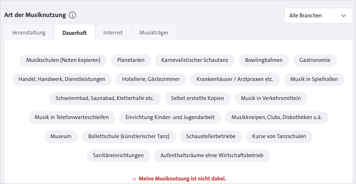 Auswahl der Musiknutzung im Preisrechner