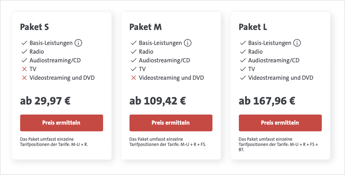 Drei Tarif-Pakete zur Auswahl