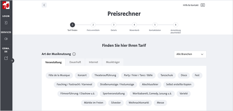 Startseite des Preisrechners