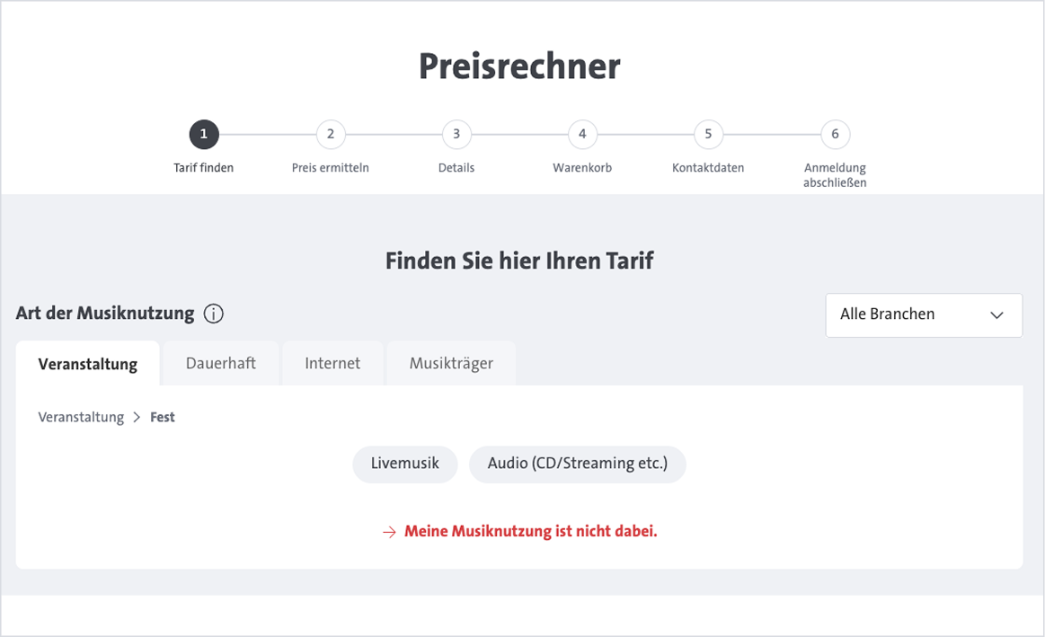 Auswahl des richtigen Tarifs im Preisrechner.