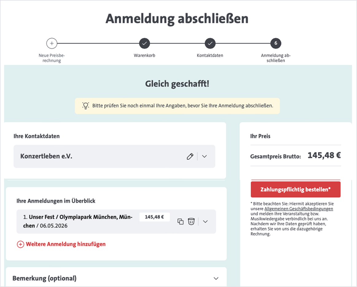 Anmeldung kann nun abgeschlossen werden.