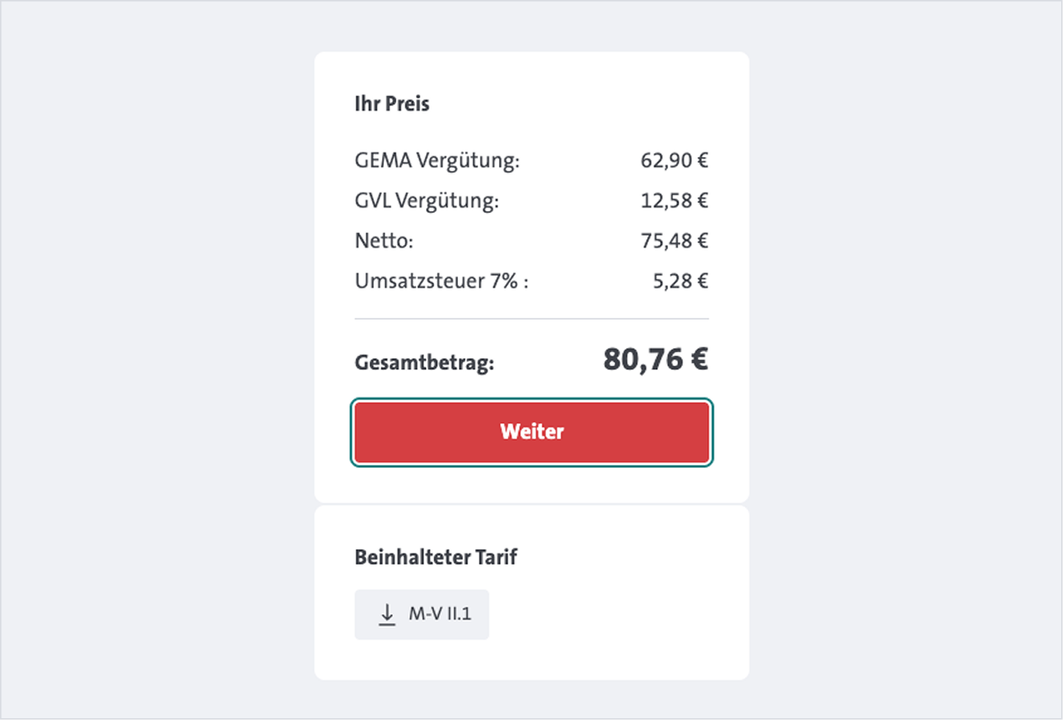 Der ermittelte Preis der Veranstaltung wird angezeigt.