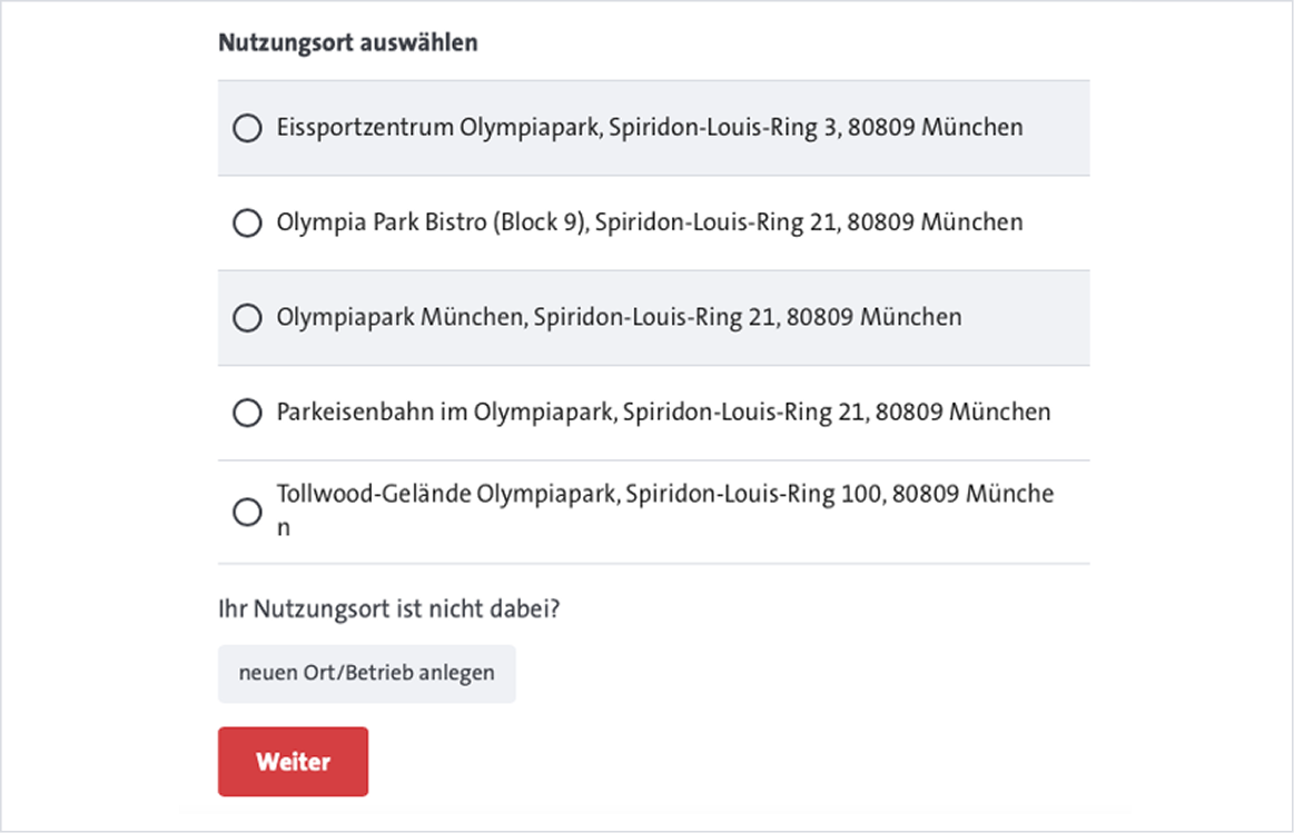 Nutzungsort der Veranstaltung auswählen.