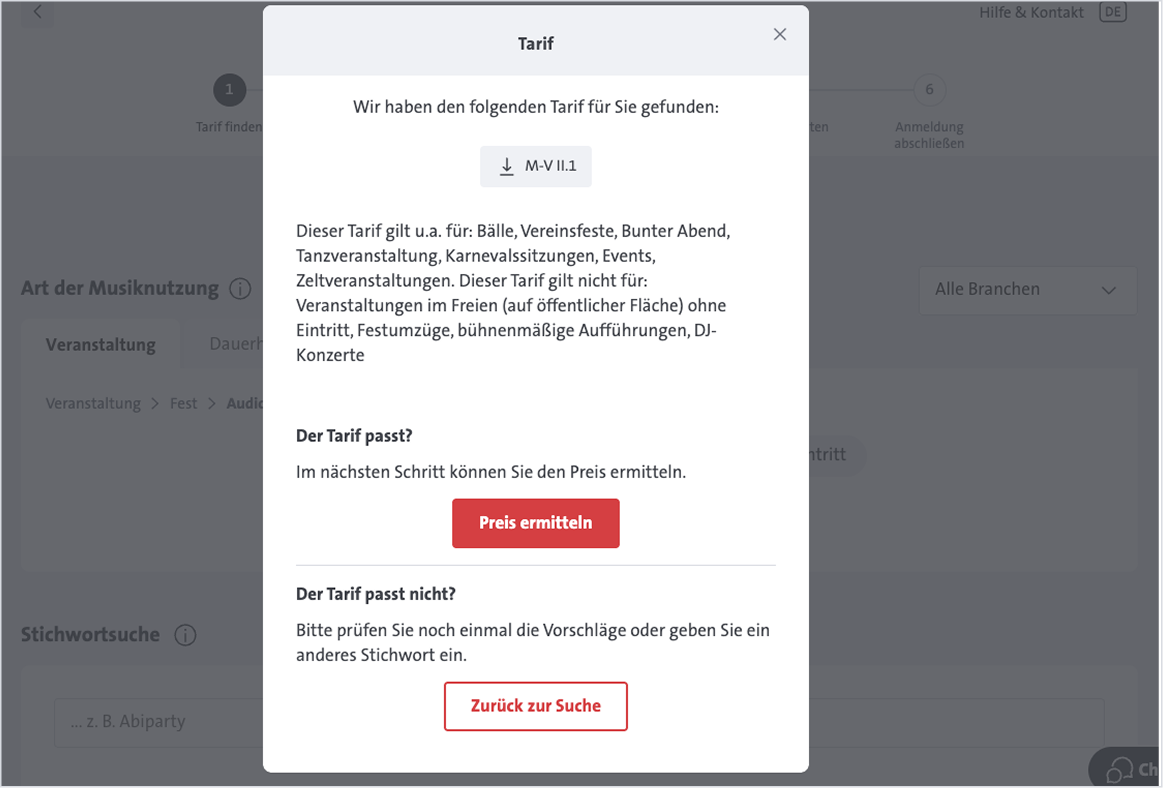 Im Preisrechner wurde ein passender Tarif für die entsprechende Veranstaltung gefunden.
