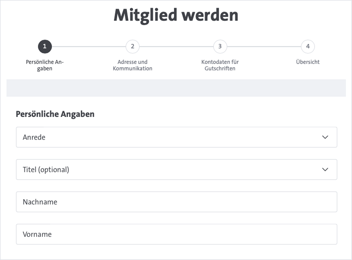 Persönliche Angaben sollen beim Mitglied werden Formular ausgefüllt werden.