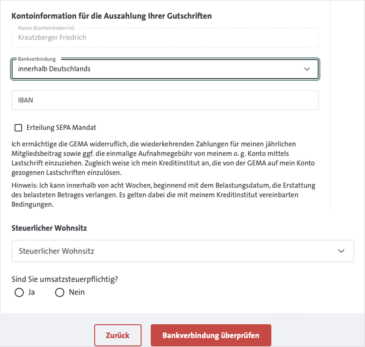Kontoinformationen sollen angegeben werden.