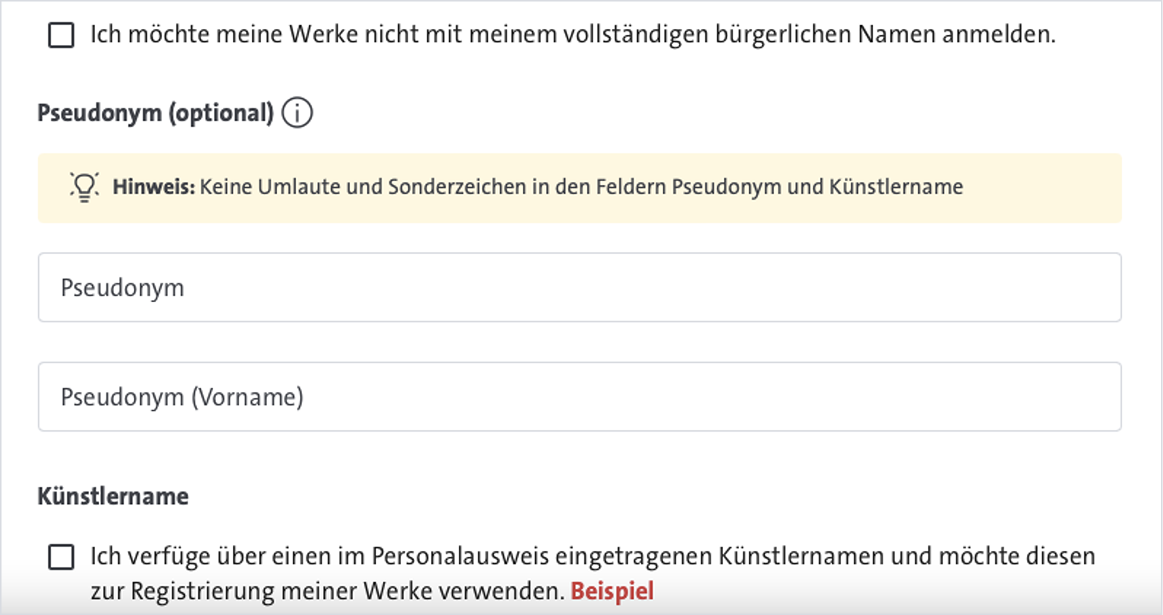 In diesem Formular kann der Name angegeben werden, mit dem die Musik angemeldet werden soll.