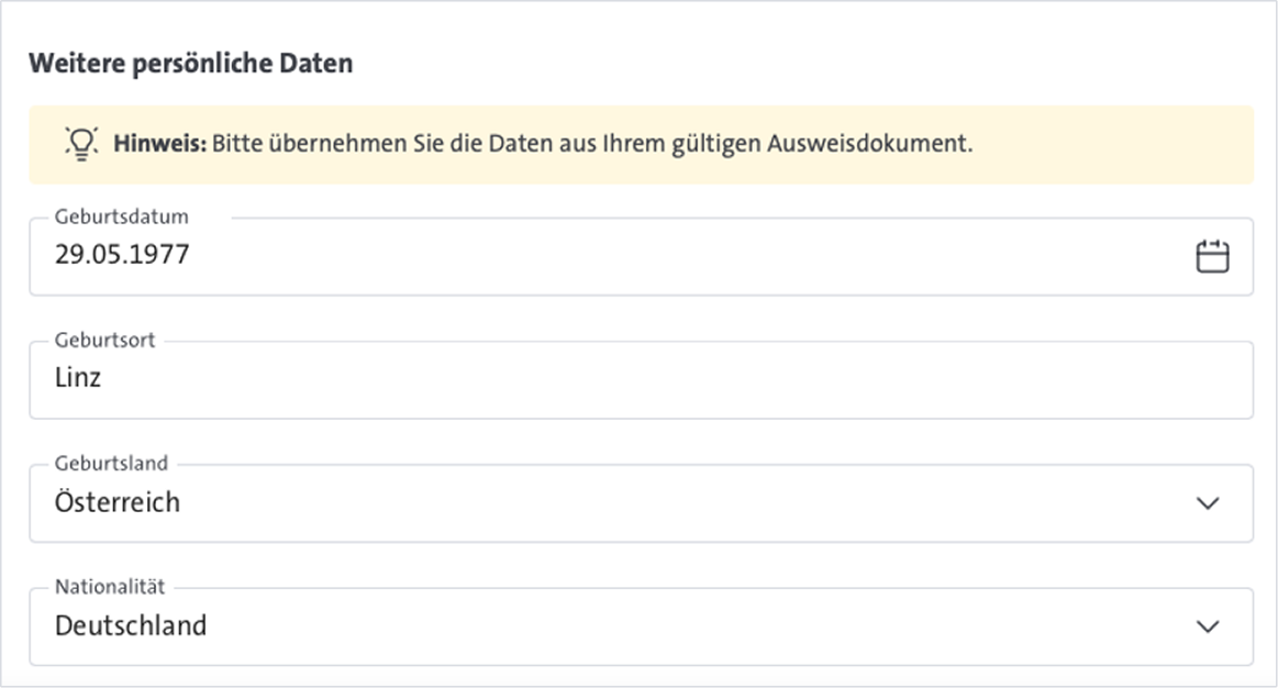 Weitere persönliche Daten müssen ausgefüllt werden.