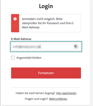 Screenshot vom Portal von einer Fehlermeldung beim Login