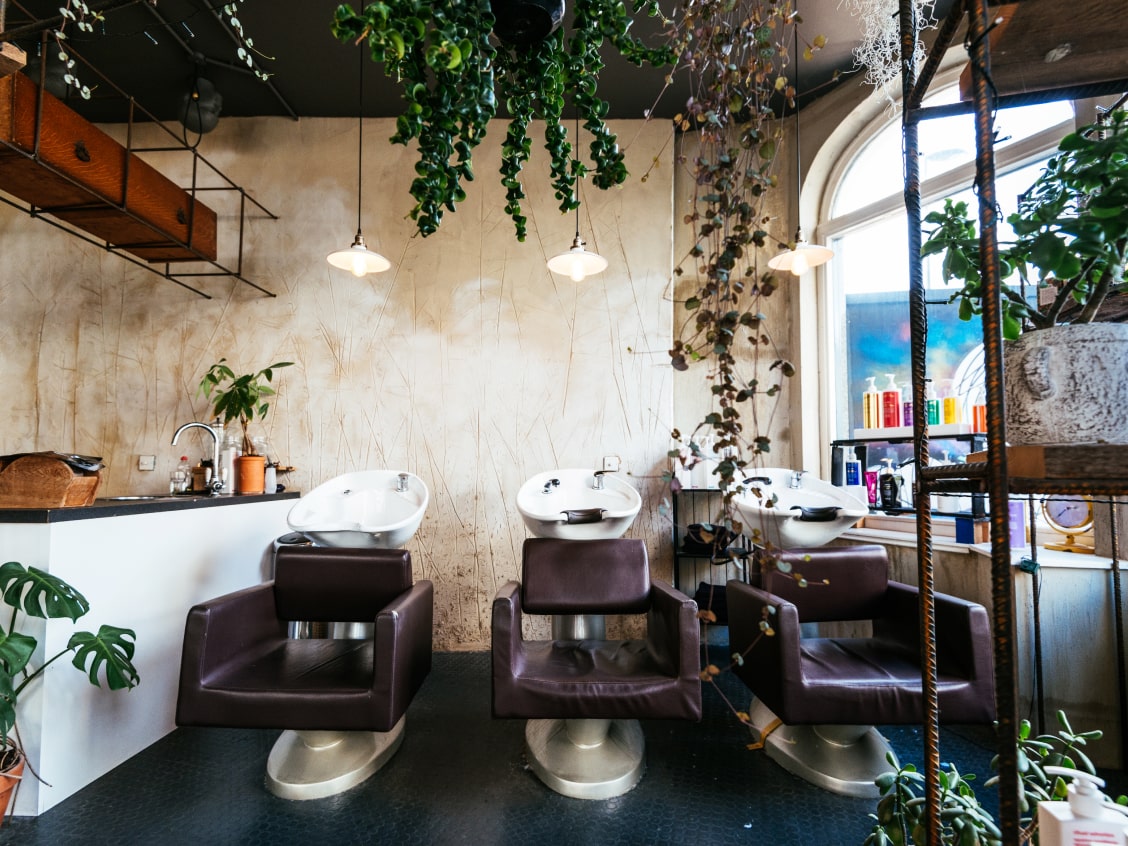 Moderner Friseur Salon mit Pflanzen und einer Theke