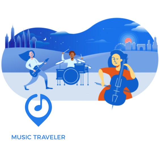 Music Travelor logo im Sonnuntergang las Grafik mit Gitarre und Schlagzeug