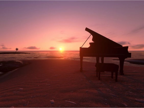 Klavier steht am Strand mit Sonnenuntergang